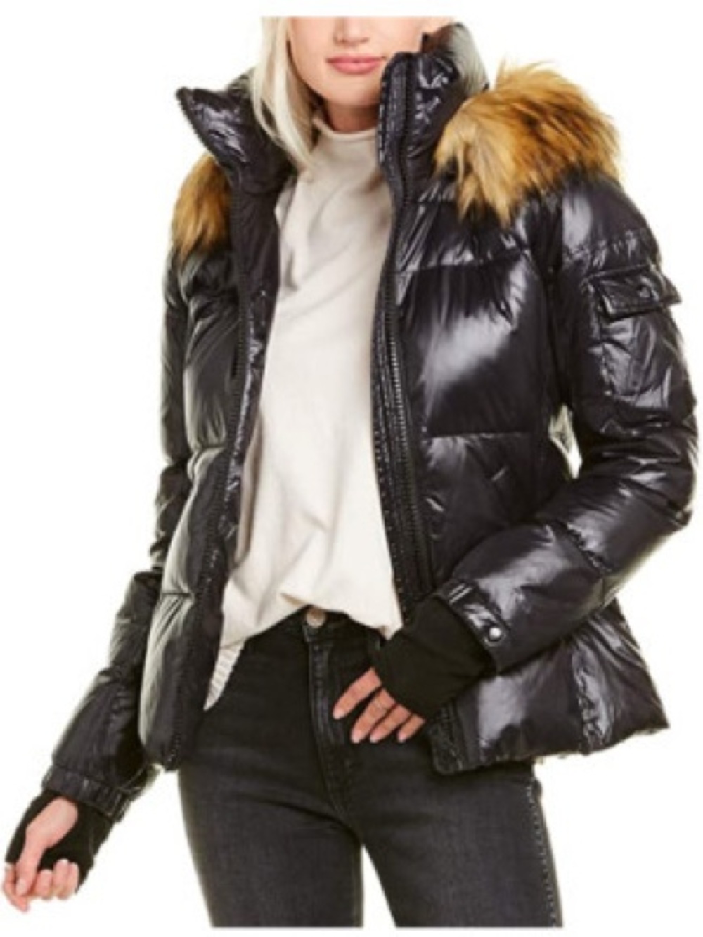 Shiny Black Quilted Puffer Jacket with Faux Fur Hood Trim